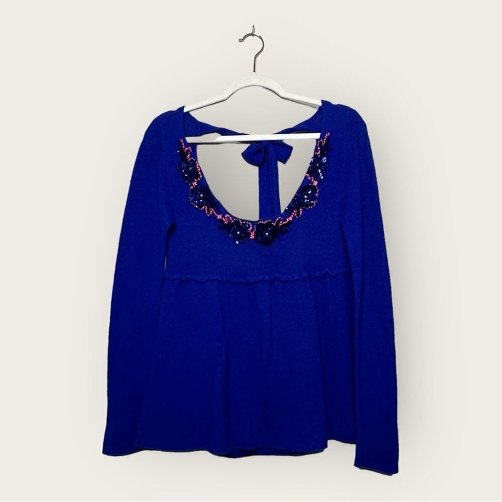 EUC | Free People | Wool Babydoll Embellished Blouse | Blue | Small